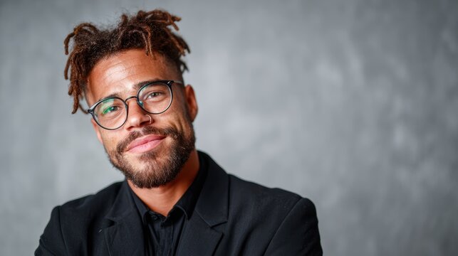 A confident man in a black suit and glasses gives a charming smile against a textured backdrop, showcasing professionalism and charisma in a stylish presentation.