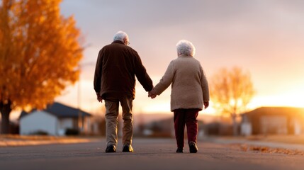 Fototapeta premium An elderly couple holding hands as they walk down a peaceful street during sunset, evoking feelings of love, companionship, and the beauty of growing old together.