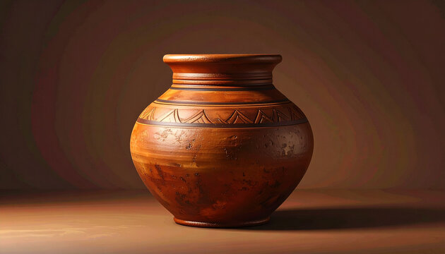 Rustic ceramic vase on wooden surface against soft brown background
