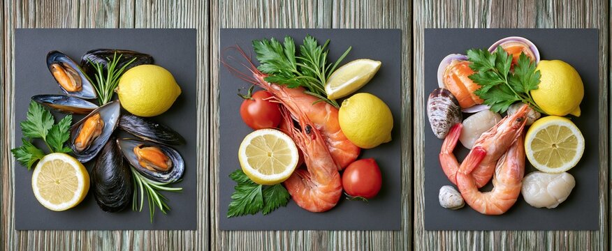 Coastal dining flyers with fresh seafood, lemons, and herbs on rustic wood for summer beachside menus.