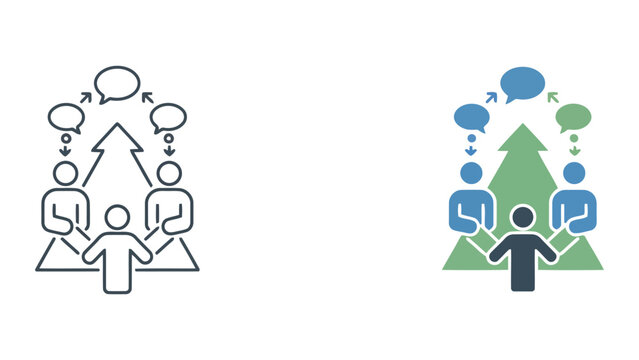 Business team with speech bubbles and upward arrow representing collaborative communication and project progress as a professional vector graphic for corporate strategy and teamwork concepts