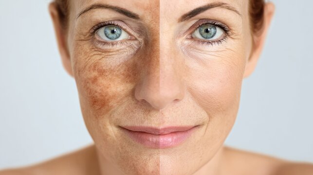 Woman face with visible skin aging and pigmentation comparison. Half side showing sun damage and wrinkle before treatment and other side clean after rejuvenation procedure. Skincare concept.
