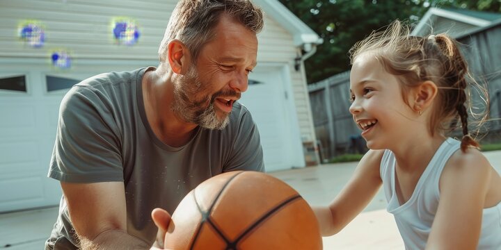 Father and daughter playing basketball in driveway, sharing a special moment