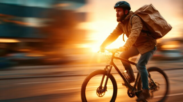 A dynamic image of a cyclist riding swiftly through a sunlit cityscape, capturing the essence of movement and excitement in an urban environment against the sunset.