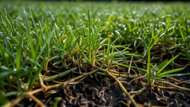 Lush green lawn with stolon network connecting grass clusters, morning dew.