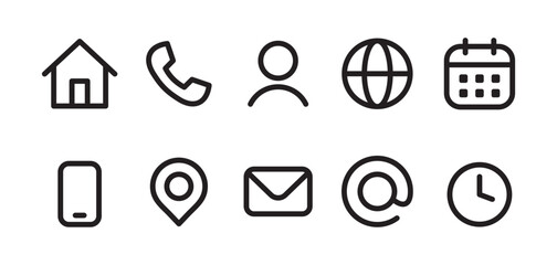 Contact icon set. Home, phone, user, globe, email, calendar and  communication vector illustration. Mobile and message symbol. Interface details sign. © Whyy