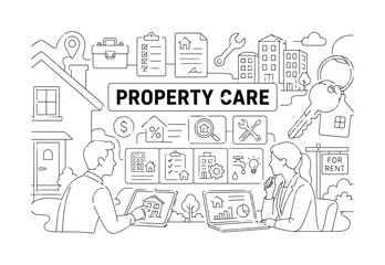 Obraz premium Property Management Realestate. Clean one-line drawing banner composition showing an oversized apartment building and house rental key stretching across every edge, 2 property managers reviewing