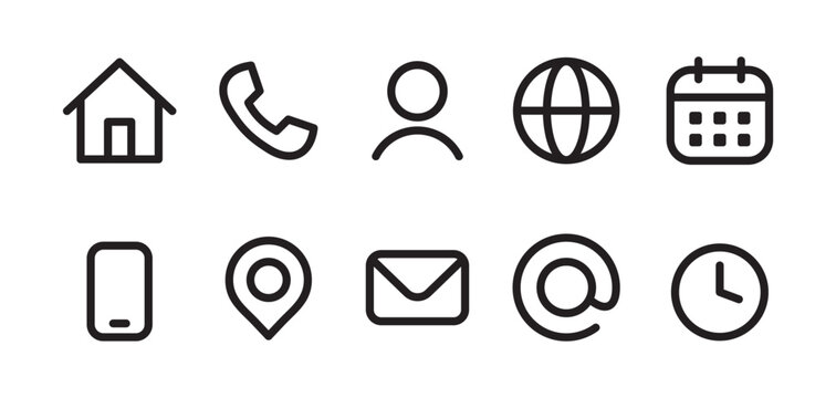 Contact icon set. Home, phone, user, globe, email, calendar and  communication vector illustration. Mobile and message symbol. Interface details sign.
