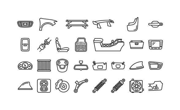 Auto Interior Parts. Line icon set of car body and interior parts: grille, fender, roof rack, spoiler, mud flap, door handle, window switch, seatbelt buckle, floor mat, center console, glove box,