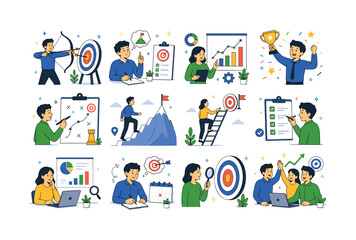 Fototapeta premium Target Business Goal. Goals and achievement scenes. 12 minimalist editorial vector scenes: person hitting target with arrow, setting business goal, tracking progress chart, celebrating success, aiming