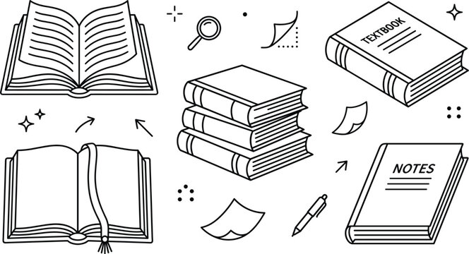 Book and education vector bundle featuring minimalist black line art outline open textbook stack stack of notebooks design