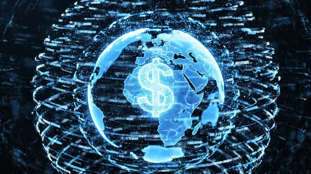 A glowing dollar sign at the center of a digital globe with interconnected nodes, symbolizing global finance, digital currency, and economic connectivity.