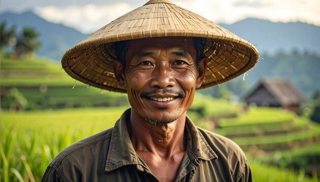 Smiling farmer portrait in hat amidst rice terraces and mountains