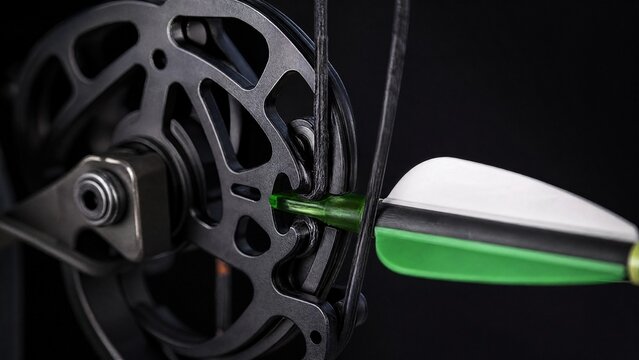 Compound bow's cam and string groove with an arrow nocked, close-up.