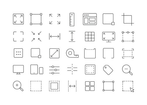 Capacity Expand Size. Minimalistic set one-line drawing expand arrows, resize box, corner arrows, ruler, layout panel, square handle, crop mark, fullscreen frame, shrink arrows, stretch width, stretch
