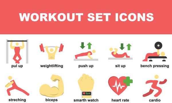 Workout and Fitness Training Icons Set Vector Collection, Strength Exercise, Cardio, Weightlifting, Heart Rate and Gym Activity Flat Design Symbols