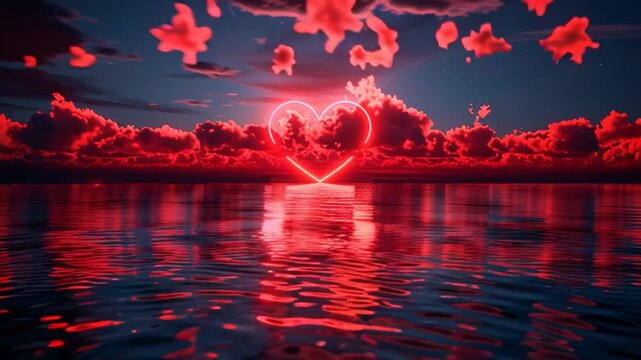 On the horizon rises a glowing red heart, illuminating the sky with a warm, romantic glow and creating a magical, enchanting atmosphere.