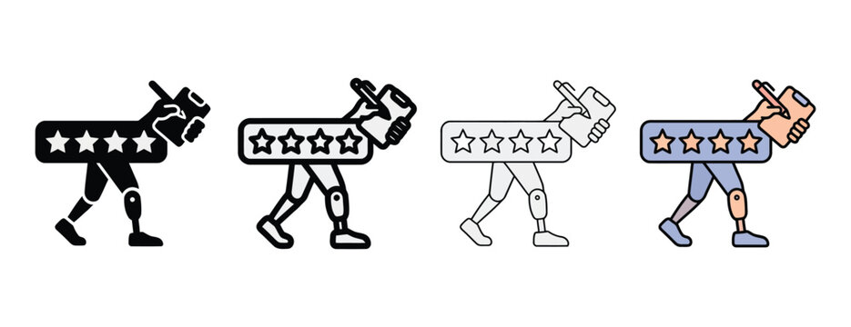 Four robot characters carrying star rating boxes with thumbs up and pencils in various colors on white background