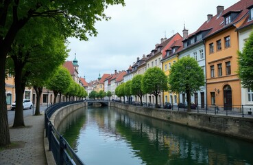 Obraz premium Canal waterway reflects colorful historic buildings lining a cobblestone street. Rich green trees shade a European old town with ancient architecture under a cloudy sky.