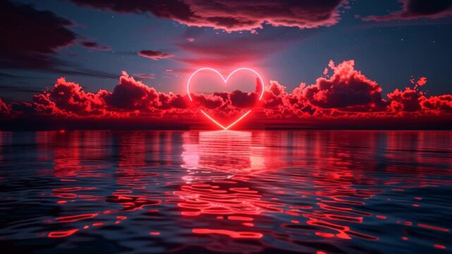 On the horizon rises a glowing red heart, illuminating the sky with a warm, romantic glow and creating a magical, enchanting atmosphere.