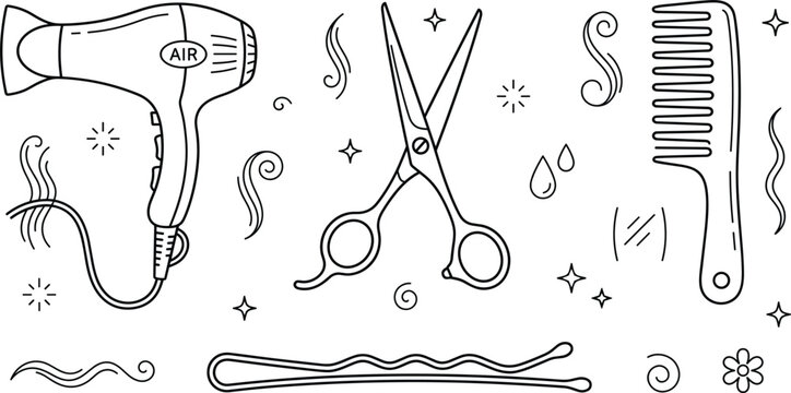 Hair salon and barber vector bundle featuring minimalist black line art outline hairdryer scissors comb and hairpin designs