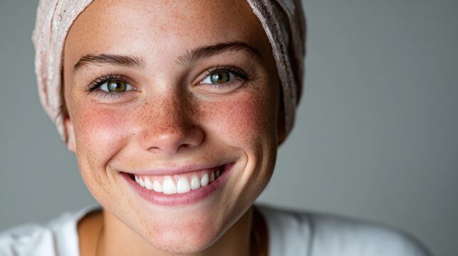 A joyful young woman with freckles and green eyes smiles warmly, creating a positive atmosphere. The soft background emphasizes her vibrant personality and natural beauty.