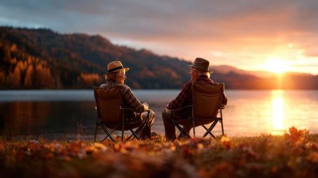 Two elderly individuals sit side by side, watching a serene sunset over a tranquil lake, signifying companionship, nostalgia, and the beauty of life's moments.