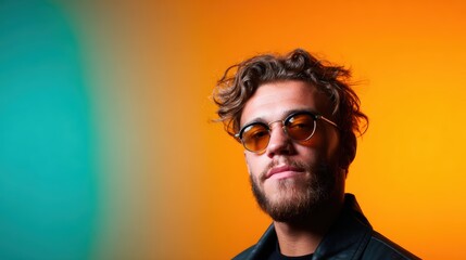 Fototapeta premium A stylish young man wearing round sunglasses and a leather jacket stands against a gradient orange background, projecting confidence and a modern vibe with artistic flair.