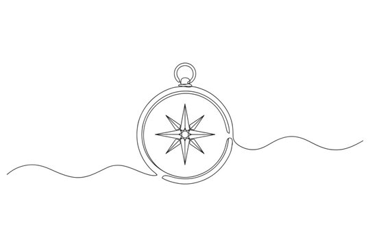 Continuous single line drawing of vintage navigation compass with navigation direction exploration adventure minimalist illustration continuous nautical orientation discovery wayfinding