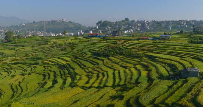 Drone glides forward over an open countryside landscape of green agricultural land and traditional terrace farming fields located in Pharping, Nepal, showcasing greenery and valley far away