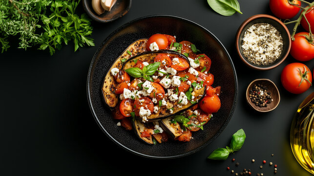 Roasted eggplant layered with cherry tomato and crumbled cheese emphasizing a rustic execution of charred botanical textures