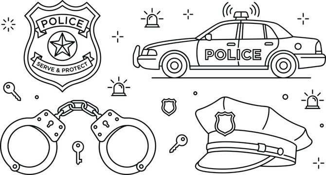 Police law enforcement icon vector bundle featuring minimalist black line art outline cruiser badge handcuffs and officer hat