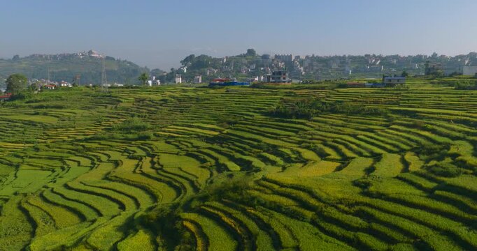 Drone moves sideways and pulls backward away from an open countryside landscape of green agricultural land and traditional terrace farming fields located in Pharping, Nepal.