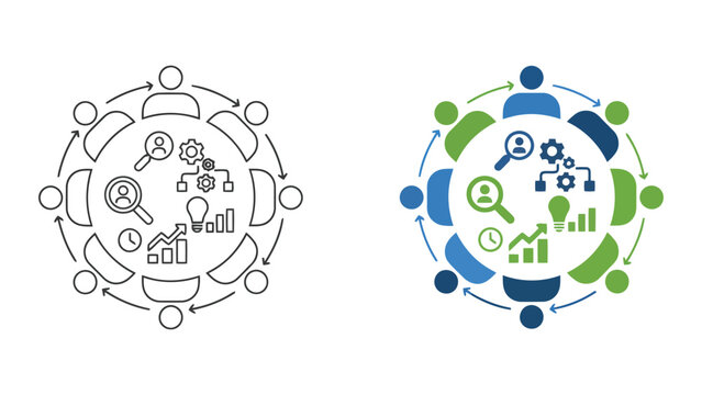 Integrated business development and research cycle icon set with growth charts and gear symbols vector illustration for project management