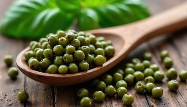 Wooden spoon filled with green capers and scattered on a rustic table. Basil leaves add fresh aroma to the scene. Perfect for culinary content and food blogs.
