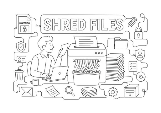 Paper Shredder Machine. Clean one-line drawing banner composition showing an office worker beside an oversized paper shredder and document stack, shredding strip line reaching all four edges with