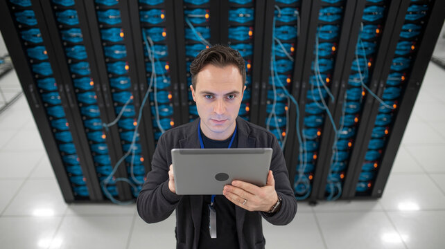 IT specialist monitoring server rack performance with digital tablet