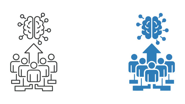 Group of people working together to spark creative brain ideas with upward growth arrow icon vector illustration
