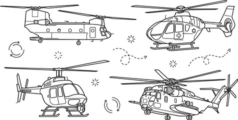Helicopter line art vector bundle containing diverse military cargo medical and civilian aircraft outline designs isolated on white © MdMursalin