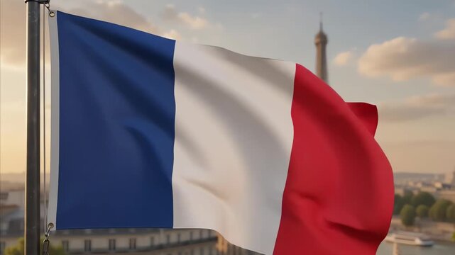 Waving french flag national symbol paris eiffel tower colors for patriotic designs, national holidays, travel, history, and cultural concepts.