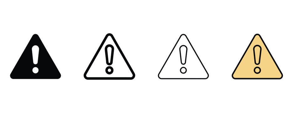 Setoffourdifferentwarningtriangleiconswithexclamationmarksinvariouscolorsandstylesforalertsandnotifications