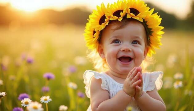 Toddler with sunflower crown claps hands in sunny meadow. Baby smiles among wildflowers at golden hour. Childhood innocence and summer joy bloom.
