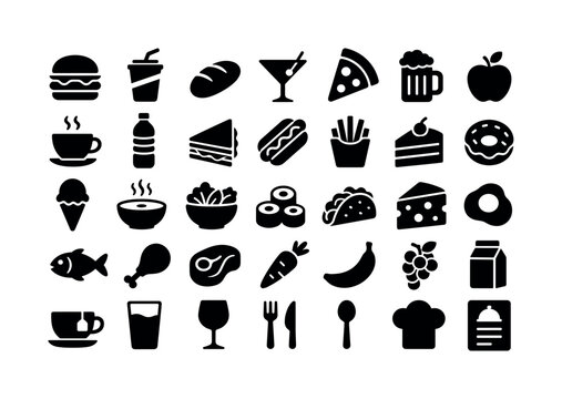 Food Drink Menu. Solid glyph icon set of food and drink: burger, soda cup, bread loaf, cocktail glass, pizza slice, beer mug, apple, coffee cup, water bottle, sandwich, hot dog, fries, cake, donut,