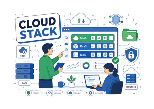 Cloud Services Platform. Editorial banner with cloud architect and developer managing an oversized cloud platform screen, with SaaS tile, PaaS layer, IaaS server, storage folder, security shield, and