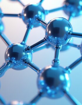 Abstract molecular structure with connected blue spheres and rods. Science research, chemical bond, atom lattice, nano tech. Medical lab, biology, physics science field. Digital data network.