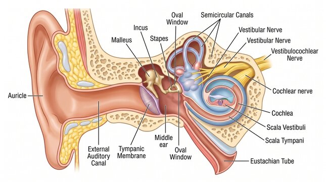 An illustration of the human ear, detailing the outer, middle, and inner ear structures, including the Eustachian tube and cochlea