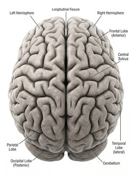 Anatomical illustration of the human brain from a superior view, with labels pointing to different lobes and structures
