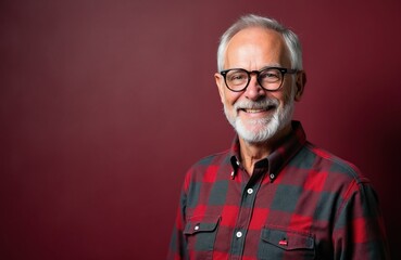 Obraz premium Smiling senior man wears glasses and plaid shirt. He has a grey beard and hair. Man stands against plain maroon background with copy space for text. He looks friendly and approachable.
