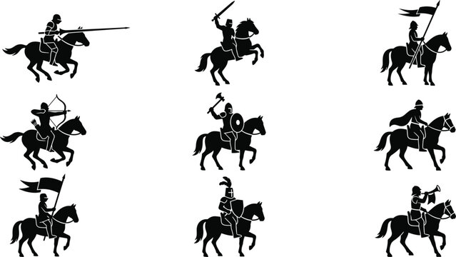 Medieval knight cavalry silhouette vector set. Horseman warrior, archer, lancer, sword, shield, battle axe, standard bearer, ancient armor and military history design elements.