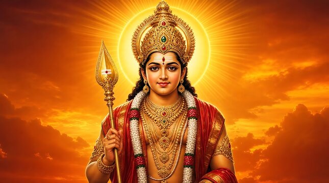A divine depiction of Lord Murugan, the Hindu god of war, holding his vel weapon amidst a temple setting with ornate pillars and divine light